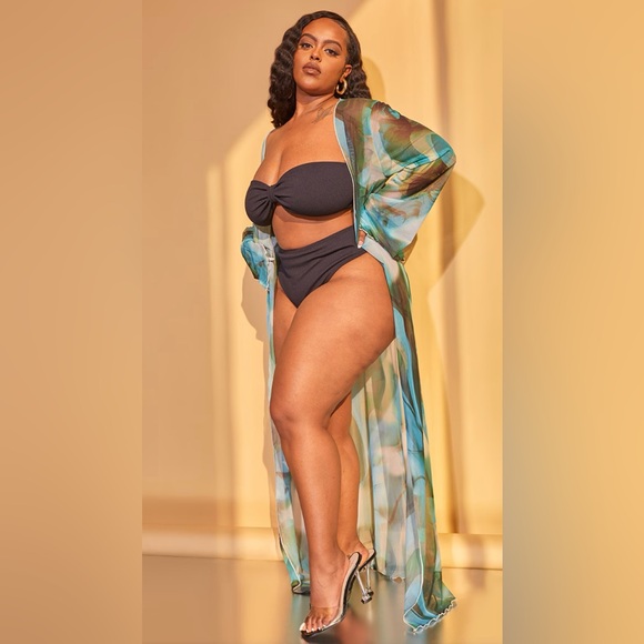 PrettyLittleThing Long Green Semi Sheer Mesh Kimono - Picture 2 of 10